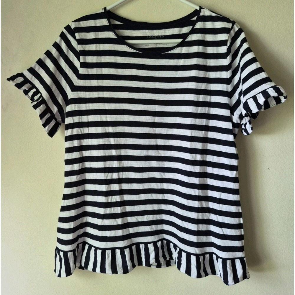 Talbots Women's L Navy Blue/White Striped Top Ruffled Hem & Sleeves 100% Cotton